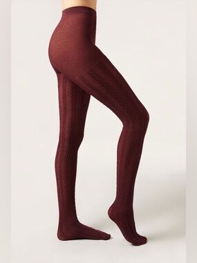 Calzedonia Cable Knit Tights with Cashmere size M/L 3/4 Purple Burgundy